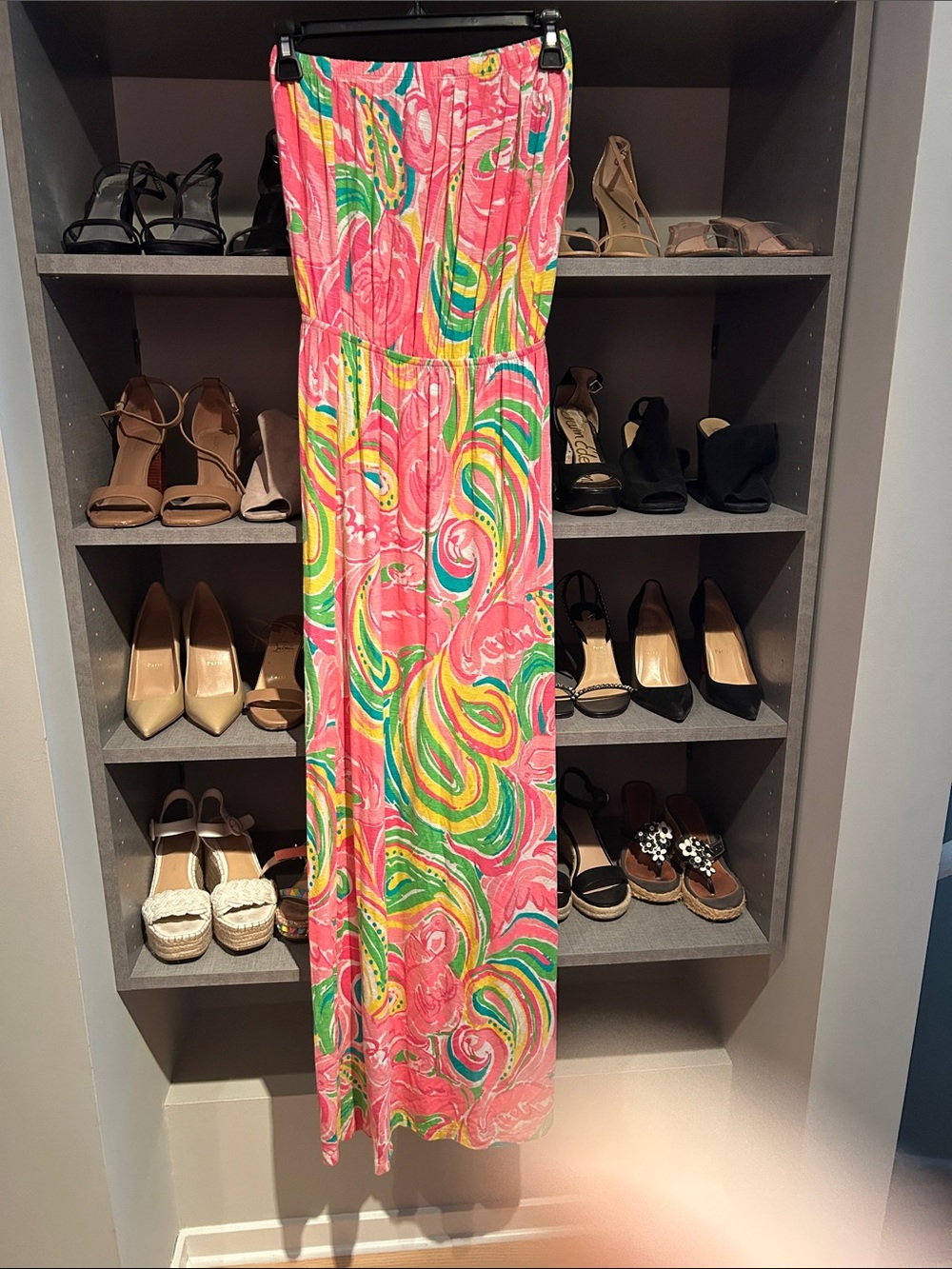 Lilly Pulitzer Strapless Maxi Dress in Bright Pink, Green & Yellow Print